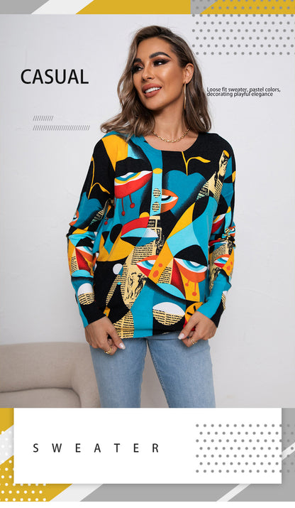 Printed Round Neck Pullover Knitted Sweater