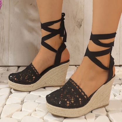 Women's Lace-Up Straw Woven Wedge High Heel Sandals