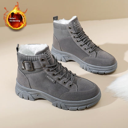 Women's Fleece-Lined Suede Boots with Round Toe and Thick Sole