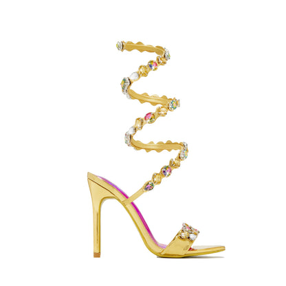 Black Gold Stiletto Sandals: 11cm heel, rhinestone-adorned satin, with chic rivet details