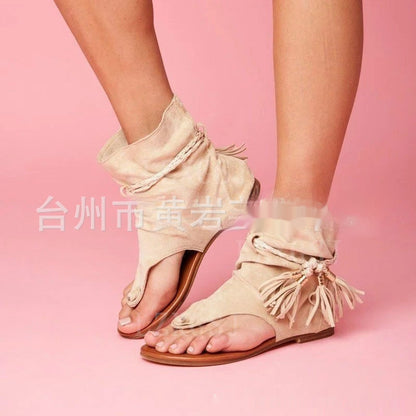 Women's Plus Size Retro Flat Bottom Tassel Clip Toe Sandals