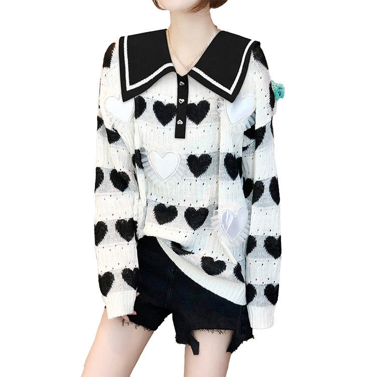 Printed Sweater with Doll Collar - Women's Fashion