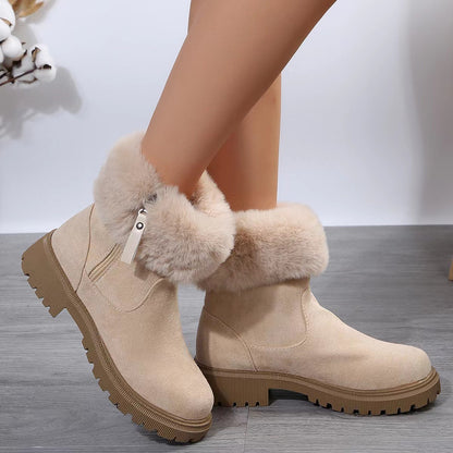 Warm Plush Winter Fashion Side-Zipper Snow Boots for Women - Outdoor Thickened Low-Heeled Shoes