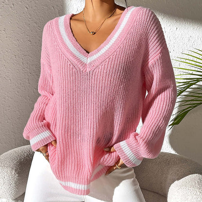 Women's Casual Loose-Fit V-Neck Contrast Color Sweater