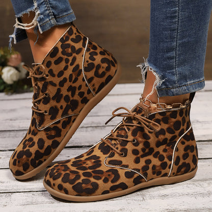 New Lace-up Leopard Print Flat Casual Boots