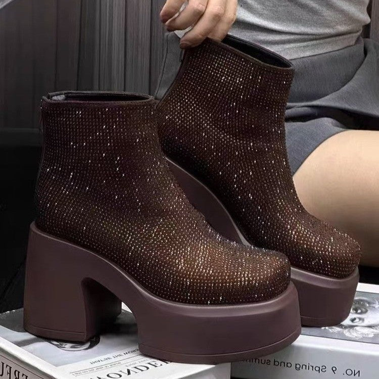 Starry Rhinestone Platform Chunky Heel Ankle Boots