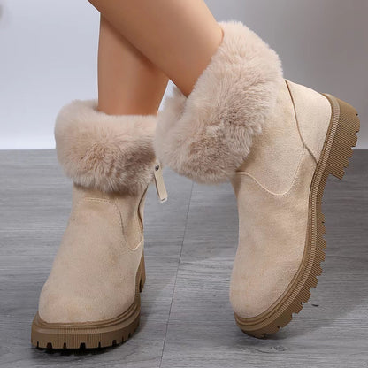 Warm Plush Winter Fashion Side-Zipper Snow Boots for Women - Outdoor Thickened Low-Heeled Shoes