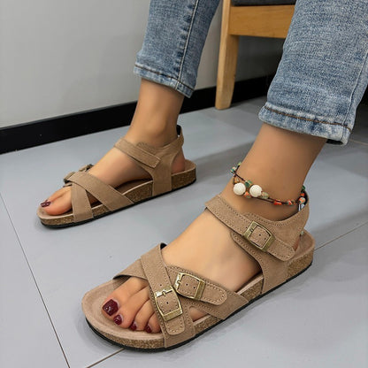 Women's Large Size Flat Bottom Casual Slippers with Belt Buckle Cross Straps