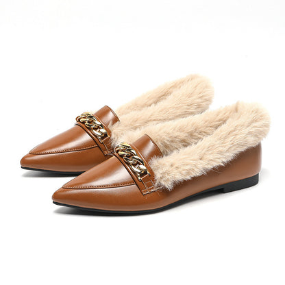 Plus Size Fluffy Shoes with Pointed Toe and Horsebit Buckle Detail