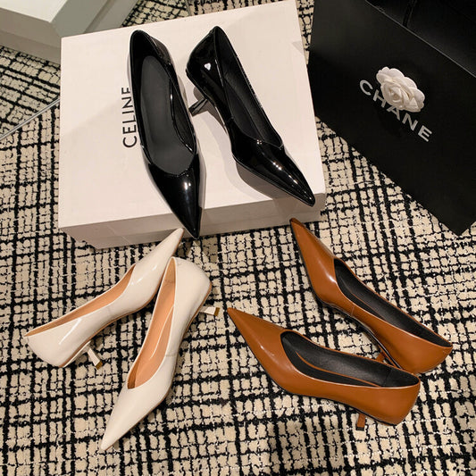 Korean Style Stiletto Heel Pointed Toe V-Shaped Mouth Pumps in Patent Sheepskin