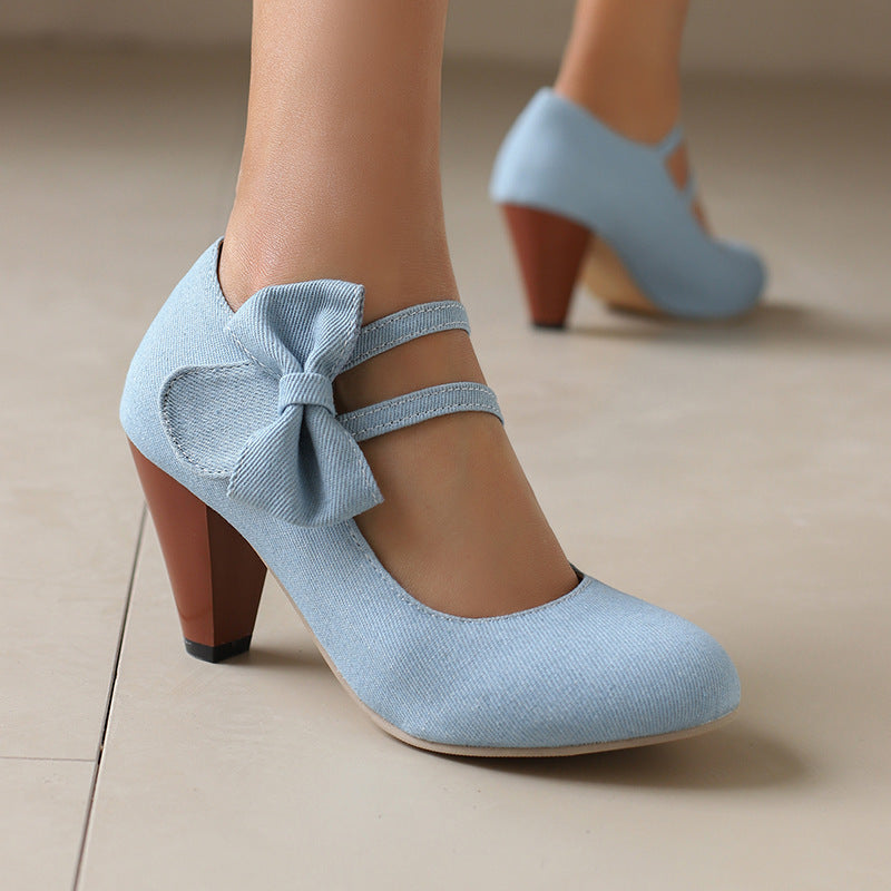 Round Toe High Heels with Denim Bow