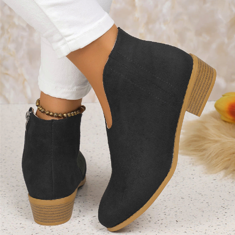 Fashion Suede V-Cut Ankle Boots with Side Zipper and Round Toe