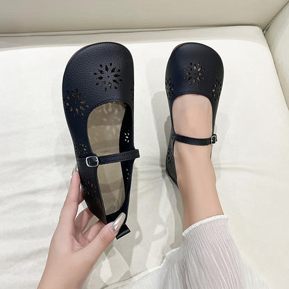 Retro Soft Leather Flat Hole Shoes with Buckle - Hollowed Leisure Design