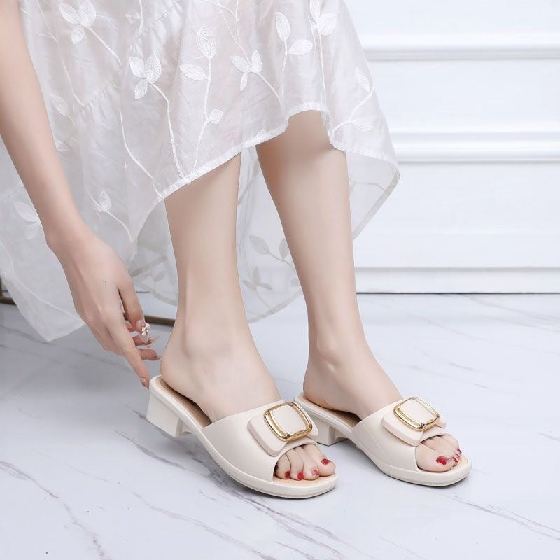 Women's Chunky Heel High Heel Summer Slippers with Buckle - Korean Style Outdoor Beach Shoes