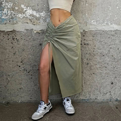 Versatile Slim Drawstring Gathered Slit Skirt