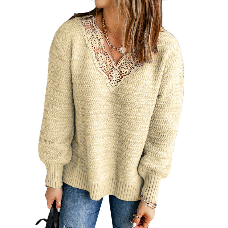 Sweater Women's Autumn And Winter Solid Color Split Lace Stitching