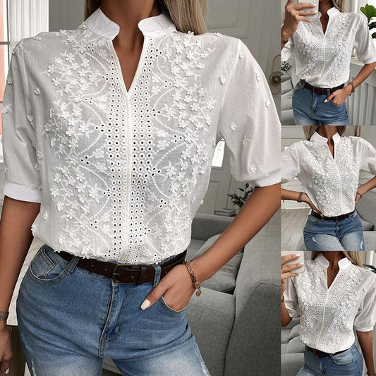 Women's Fashion V-neck Stand Collar Embroidery Lace Blouse Shirt