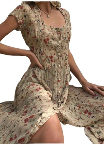 Single-breasted Floral Short-sleeved Dress