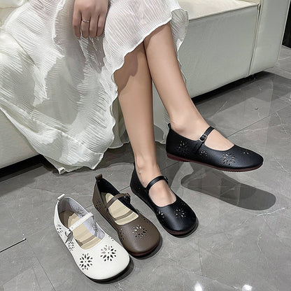 Retro Soft Leather Flat Hole Shoes with Buckle - Hollowed Leisure Design