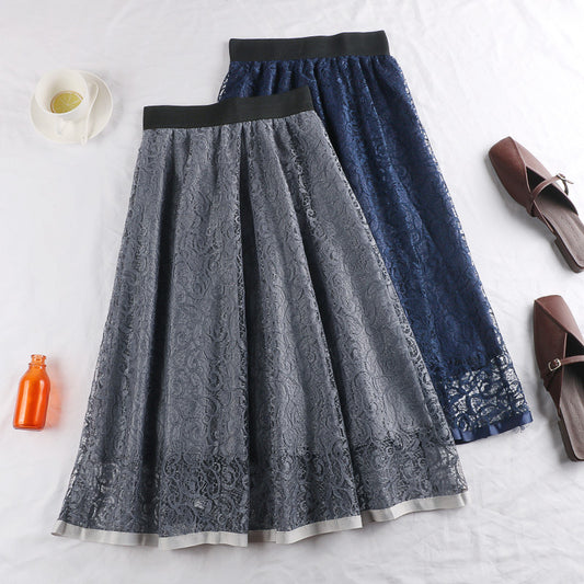 Elastic High Waist Slimming Lace Crochet Hollow Large Swing A- Line Umbrella Skirt