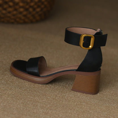 British Style Retro Chunky Heel Strap Sandals