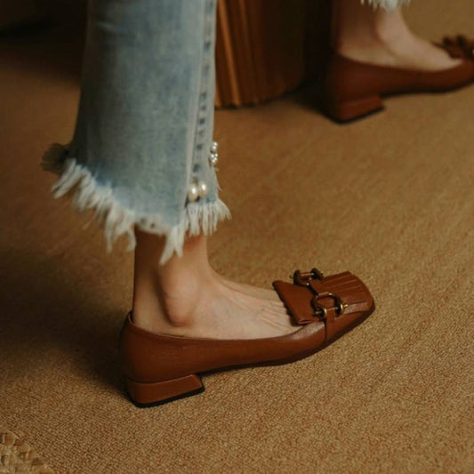 Square Toe Fringed Pumps with Low Heel for Women