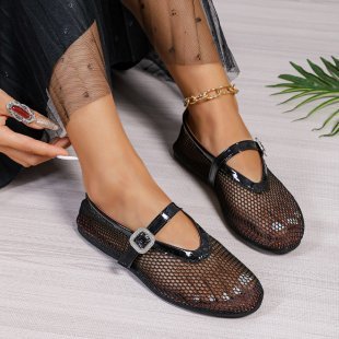 Round Head Rhinestone Buckle Mesh Hollow-Out Women's Sandals