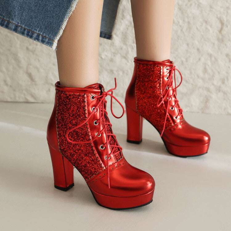 Autumn and Winter Sequin Fashion Boots with Thick Heels and Lace-up Design