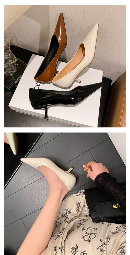 Korean Style Stiletto Heel Pointed Toe V-Shaped Mouth Pumps in Patent Sheepskin