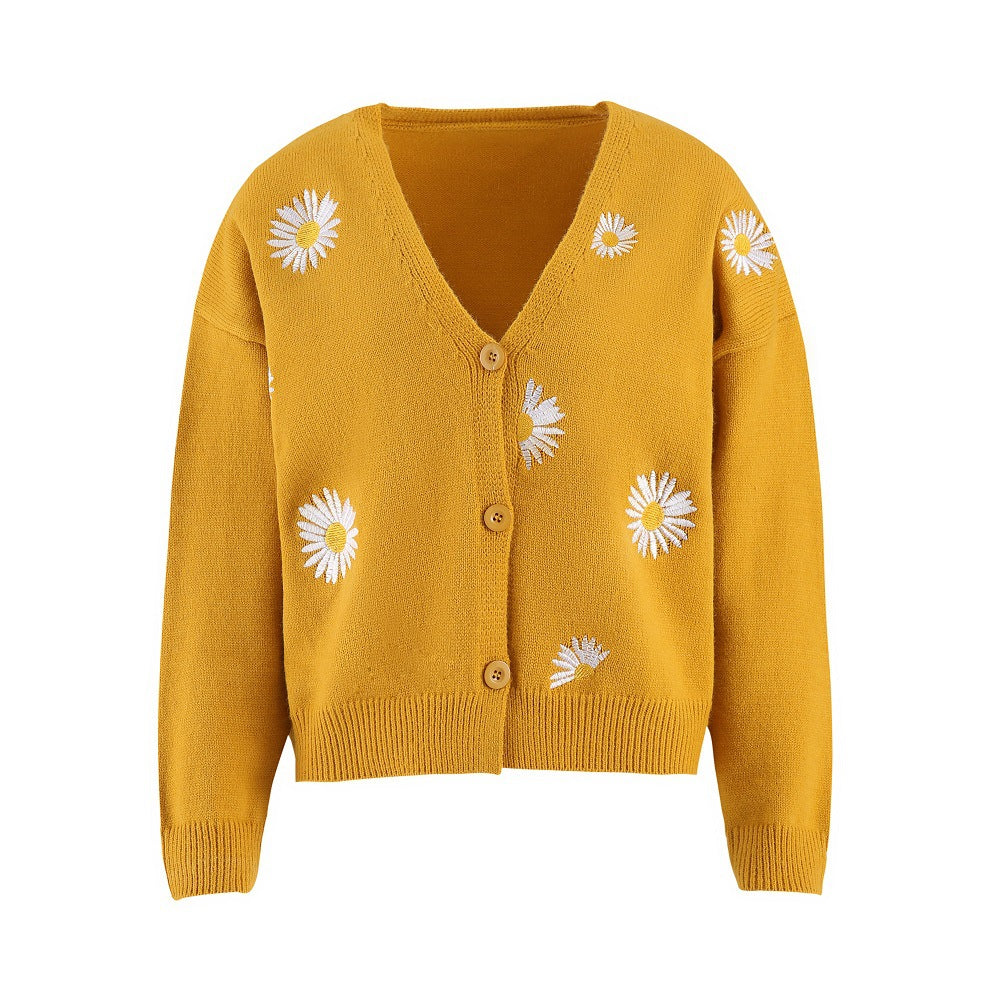 Women's Single Breasted Sweater Chrysanthemum Embroidered Cardigans Coat