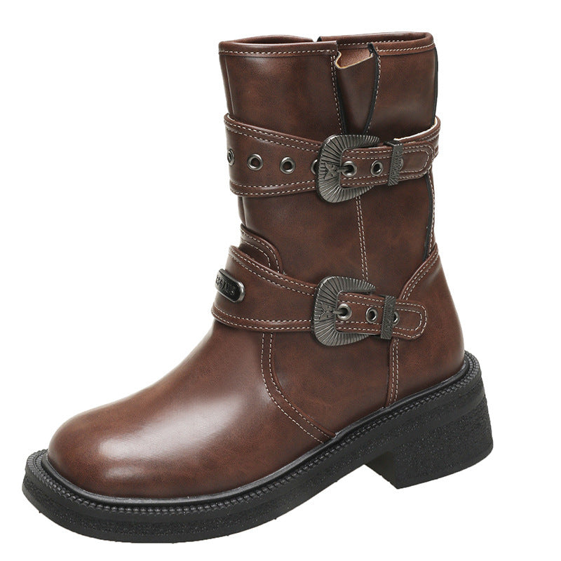 Brown Women's Retro Square Toe Ankle Boots