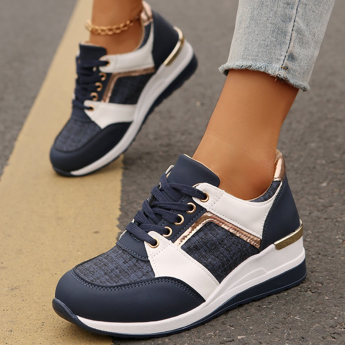 Women’s Colorblock Lace-Up Sneakers - Casual Thick-Soled Round Toe Sports Shoes & Easy Slip-On Footwear