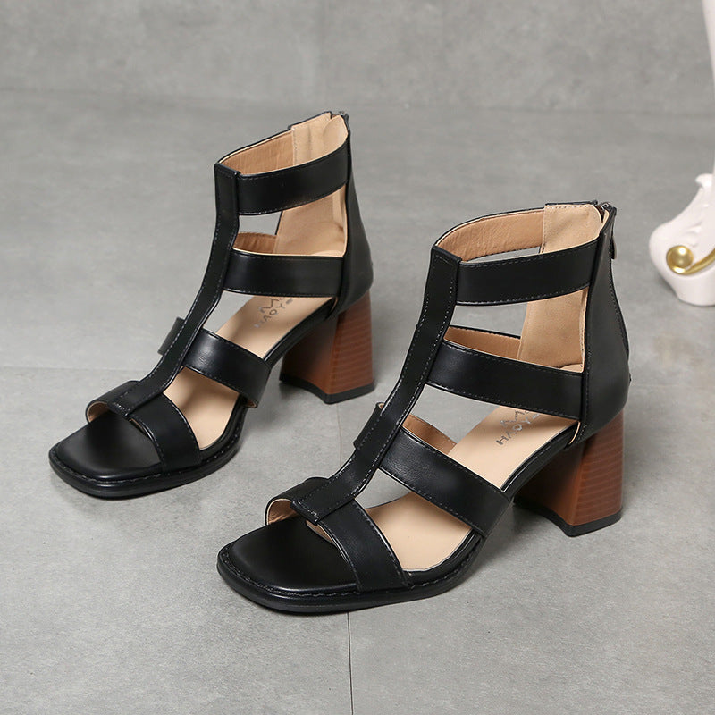 New Women's Summer Hollow Retro Thick High Heel Sandals