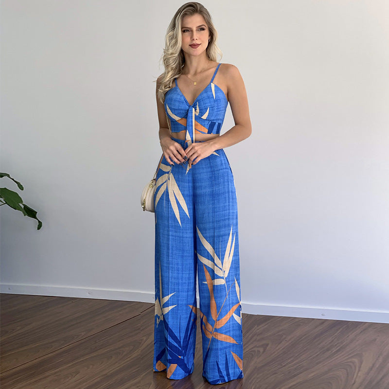 New Linen V-neck Short Vest High Waist Print Wide Leg Pants Two-piece Set