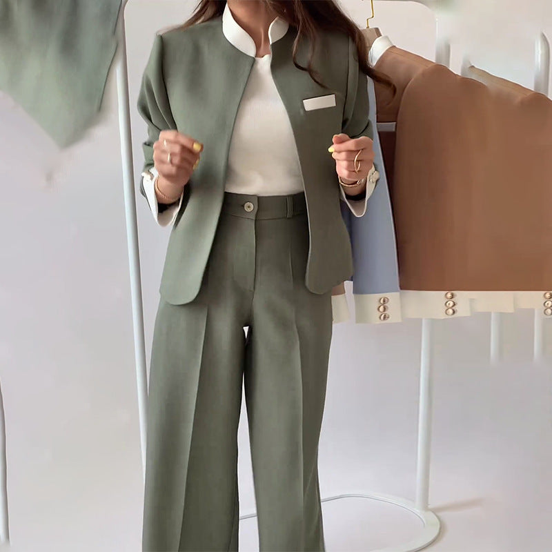 Women's Autumn and Winter Two-Piece Set: Color-Blocked Suit Jacket and Trousers