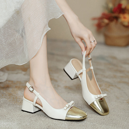 French Style Fairy Square Bow Color-Blocked Sandals