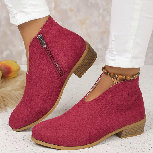 Fashion Suede V-Cut Ankle Boots with Side Zipper and Round Toe