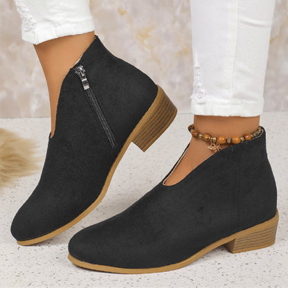 Fashion Suede V-Cut Ankle Boots with Side Zipper and Round Toe