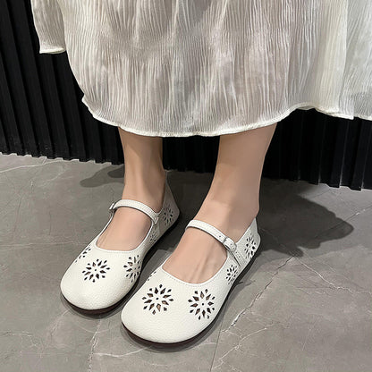 Retro Soft Leather Flat Hole Shoes with Buckle - Hollowed Leisure Design