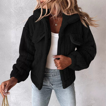 Women's Velvet Cardigan with Sunken Stripes and Lapel Short Coat