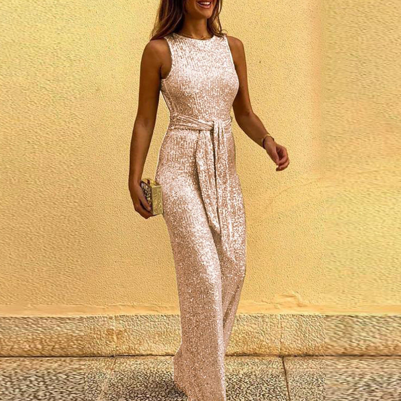 Sleeveless sexy sequined silver dot jumpsuit