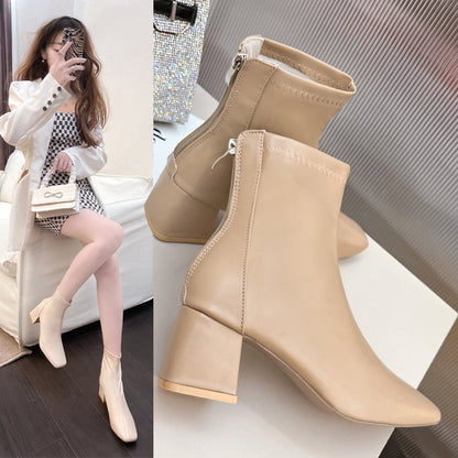 Chunky Heel Short Boots with Square Toe and Back Zip, European and American Style