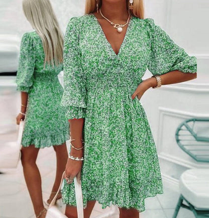 Mid-length Dress Tight Waist Pullover Bohemian Printed Short Sleeve Floral Dress