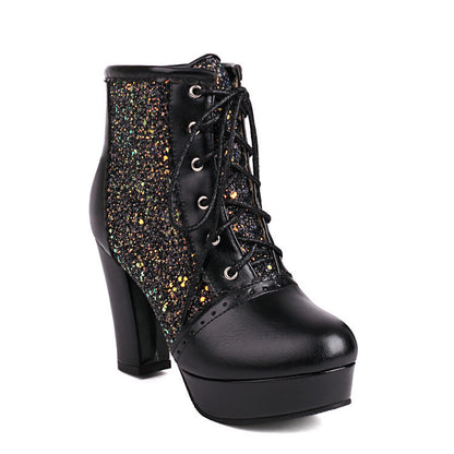 Autumn and Winter Sequin Fashion Boots with Thick Heels and Lace-up Design