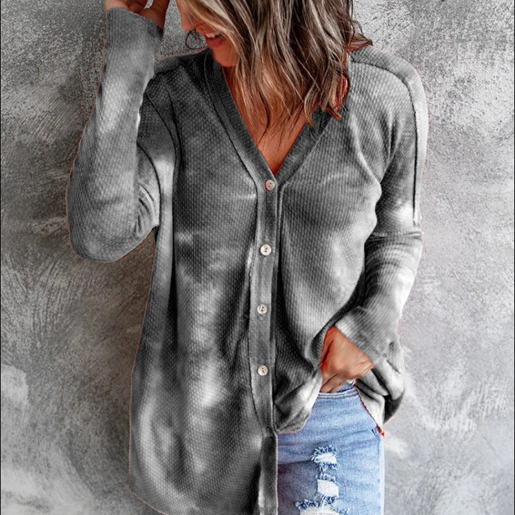 Loose Tie-Dye Buttoned V-neck Knitwear for Women