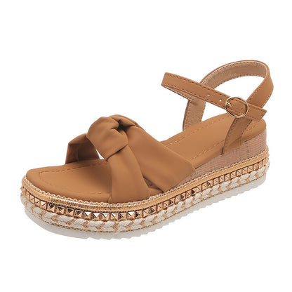 Fashion Flat Open Toe Sandals with Hemp Rope, Buckle, and Cross Bow