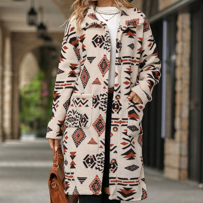 European And American Single-breasted Ethnic Print Plush Long Overcoat Outerwear