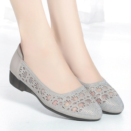 Women's Leather Low Heel Sandals with Perforated Design for Breathability