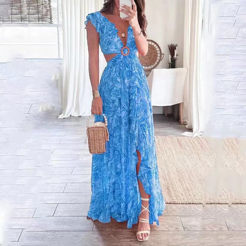 Fashion Print Lace Ruched Sleeve Dress