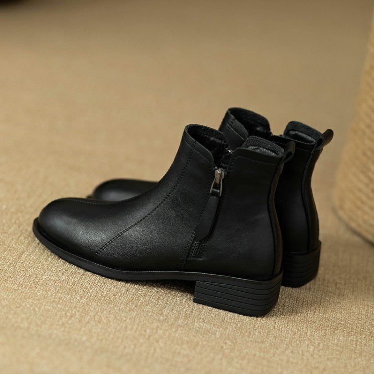 British Soft Leather Round Toe Short Boots with Side Zipper